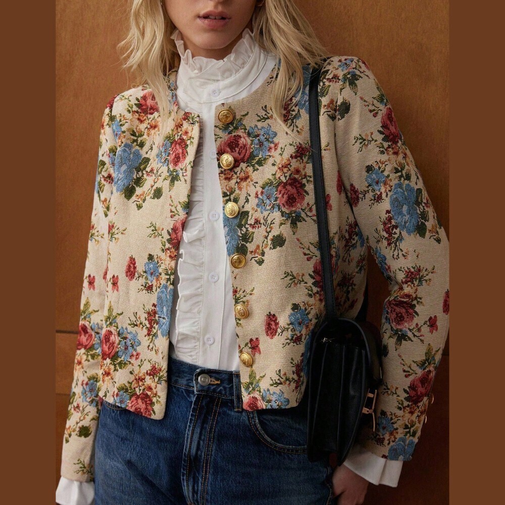 Cream / Tan Floral Tapestry Gold Button Collarless Cropped Jacket